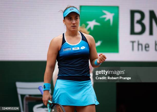 Danka Kovinic of Montenegro in action against Iga Swiatek of Poland in her third round match on Day 7 at Roland Garros on May 28, 2022 in Paris,...