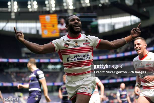 Leigh Centurions' Edwin Ipape celebrates a tryduring the AB Sundecks 1895 Cup final at the Tottenham Hotspur Stadium, London. Picture date: Saturday...