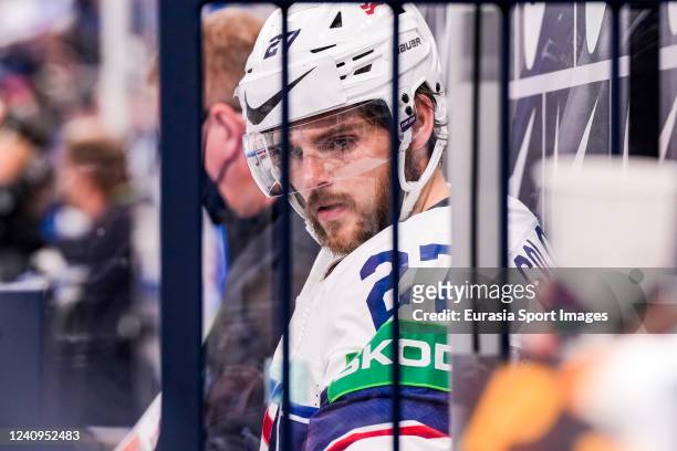 Alex Galchenyuk of United States in action during the 2022 IIHF Ice Hockey World Championship match between Finland and USA at Nokia Arena on May 28,...