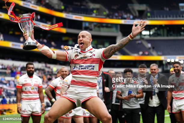 Leigh Centurions' Blake Ferguson lifts the trophy following the AB Sundecks 1895 Cup final at the Tottenham Hotspur Stadium, London. Picture date:...