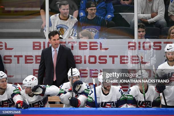 S head coach David Quinn reacts during the IIHF Ice Hockey World Championships half final match between Finland and USA in Tampere, Finland, on May...