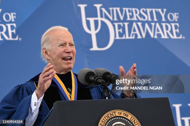 President Joe Biden delivers the commencement address for his alma mater, the University of Delaware, at Delaware Stadium, in Newark, Delaware, on...