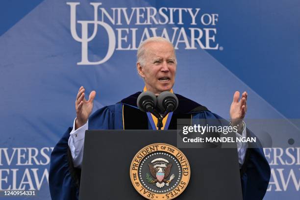 President Joe Biden delivers the commencement address at the University of Delaware graduation ceremony in Newark, Delaware, on May 28, 2022.