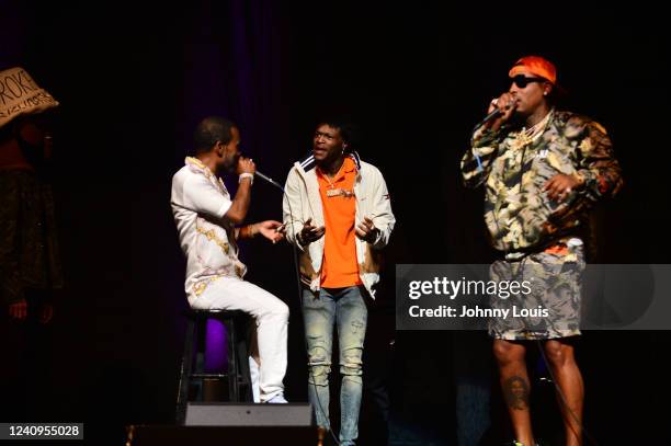 Recording Artist / Comedian Lil Duval, DC Young Fly and Rapper Ball Greezy perform live on stage during 'No Cap Comedy Tour' at James L. Knight...