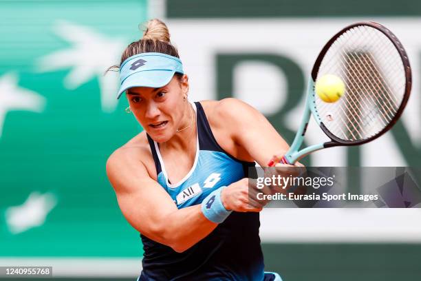 Danka Kovinic of Montenegro plays against Iga Swiatek of Poland during the 2022 French Open at Roland Garros on May 28, 2022 in Paris, France.