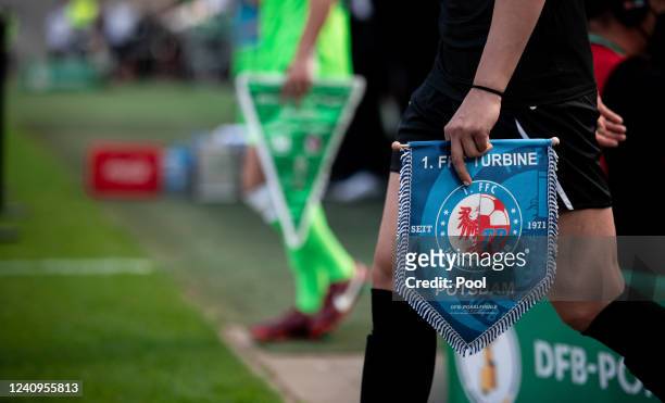 Turbine Potsdam pennant seen before the Women's DFB Cup final match between VfL Wolfsburg and Turbine Potsdam at RheinEnergieStadion on May 28, 2022...