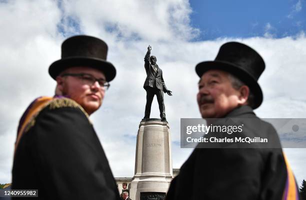 Sir Edward Carsons statue looks down from Stormont as the Northern Ireland Centennial parade takes place on May 28, 2022 in Belfast, Northern...