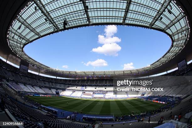 General view shows the the empty Stade de France before the UEFA Champions League final football match between Liverpool and Real Madrid in...