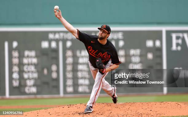Jordan Lyles of the Baltimore Orioles pitches against the Boston Red Sox during the first inning of game one of a doubleheader at Fenway Park on May...