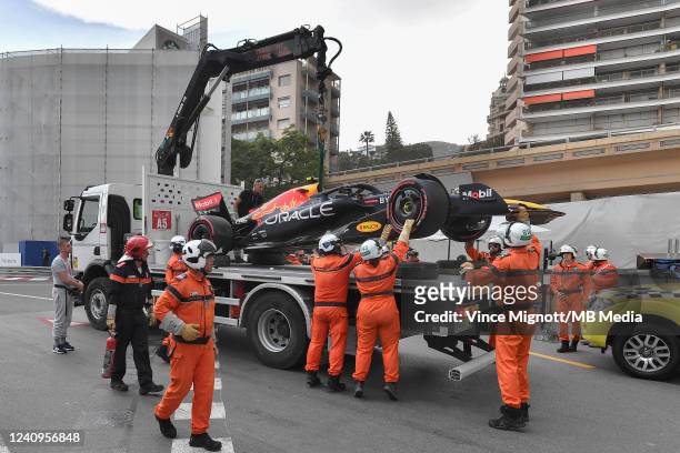 The car of Sergio Perez of Red Bull and Mexico after crashing during qualifying ahead of the F1 Grand Prix of Monaco at Circuit de Monaco on May 28,...