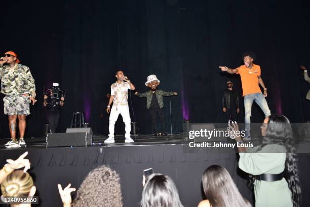 Rapper Ball Greezy, Recording Artist / Comedian Lil Duval, DeRay Davis and DC Young Fly perform live on stage during 'No Cap Comedy Tour' at James L....