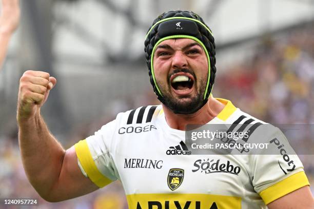 La Rochelle's French flanker Gregory Alldritt celebrates after his team scored a try during the European Rugby Champions Cup, rugby union final...