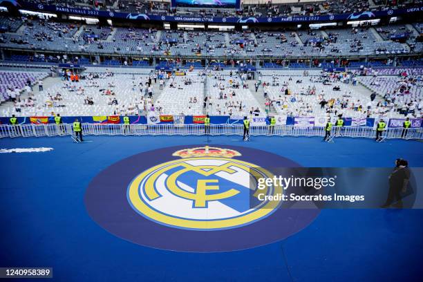 Real Madrid logo injury Stade de France during the UEFA Champions League match between Liverpool v Real Madrid at the Stade de France on May 28, 2022...