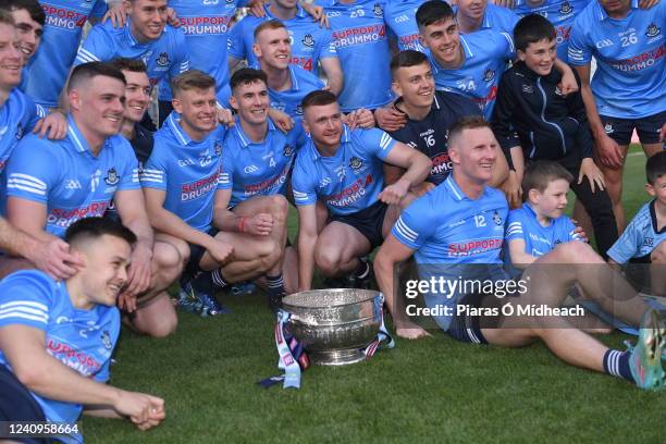 Dublin , Ireland - 28 May 2022; Dublin players celebrate with the Delaney Cup after their victory in the Leinster GAA Football Senior Championship...