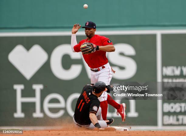 Xander Bogaerts of the Boston Red Sox losses the handle on the ball trying to turn a double play over Chris Owings of the Baltimore Orioles during...