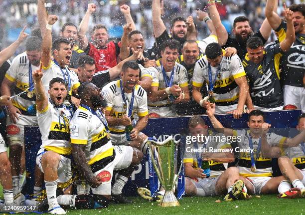 Marseille , France - 28 May 2022; La Rochelle players celebrate with the cup after the Heineken Champions Cup Final match between Leinster and La...