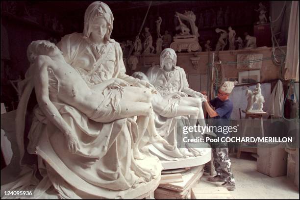 The city of master sculptors in Pietrasanta, Italy in July, 2001- In one of the town¹s workshop, a replica of Michelangelo's Pieta. It is just as...