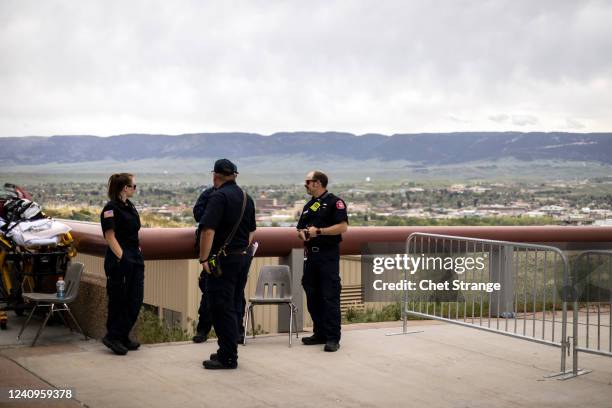 EMTs stand outside the Ford Wyoming Center before former President Donald Trump speaks on May 28, 2022 in Casper, Wyoming. The rally is being held to...