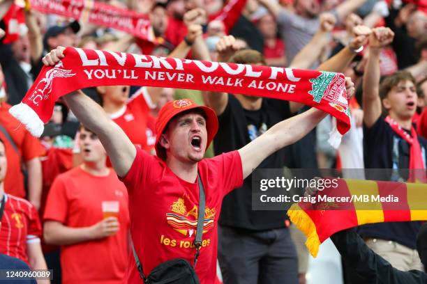 Liverpool fans sing "You'll never walk alone" during the UEFA Champions League final match between Liverpool FC and Real Madrid at Stade de France on...