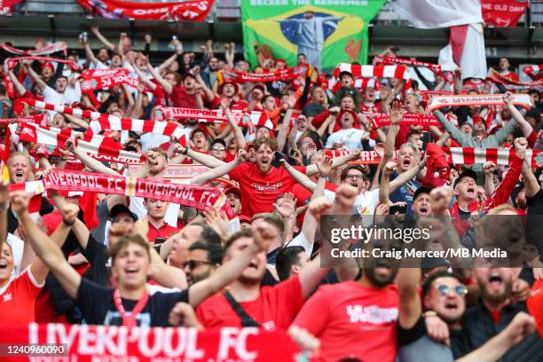 Liverpool fans sing "You'll never walk alone" during the UEFA Champions League final match between Liverpool FC and Real Madrid at Stade de France on...