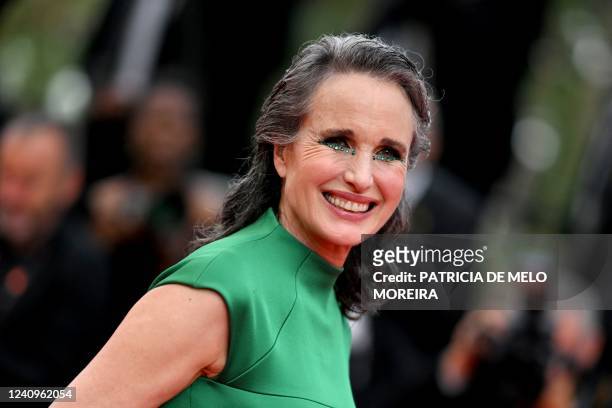 Actress Andie MacDowell arrives for the Closing Ceremony of the 75th edition of the Cannes Film Festival in Cannes, southern France, on May 28, 2022.