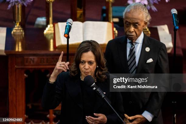 Vice President Kamala Harris flanked by Rev. Al Sharpton, delivers remarks during the funeral service of Ruth Whitfield at Mt. Olive Baptist Church,...