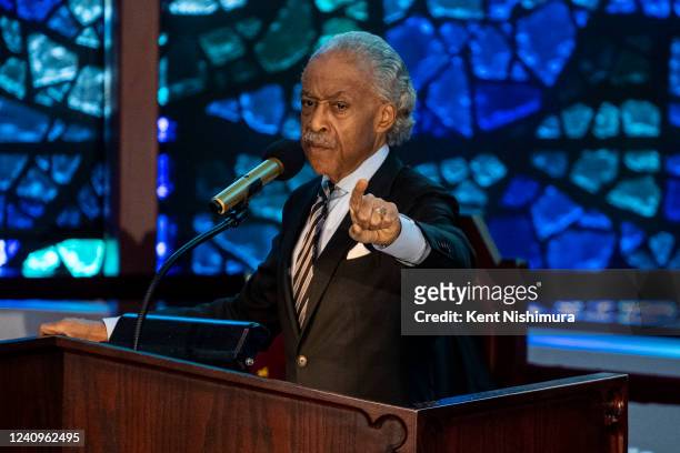 Rev. Al Sharpton speaks during the funeral of Ruth Whitfield at Mt. Olive Baptist Church, on Saturday, May 28, 2022 in Buffalo, NY. Mrs. Whitfield...