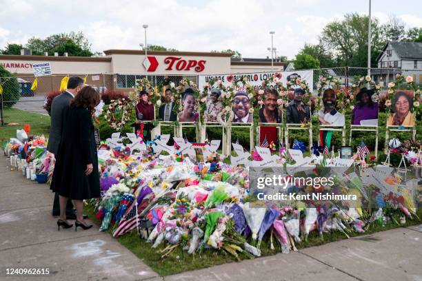 Vice President Kamala Harris and Second Gentleman Doug Emhoff pay their respects at a memorial at Tops Friendly Market, which was the site of a mass...