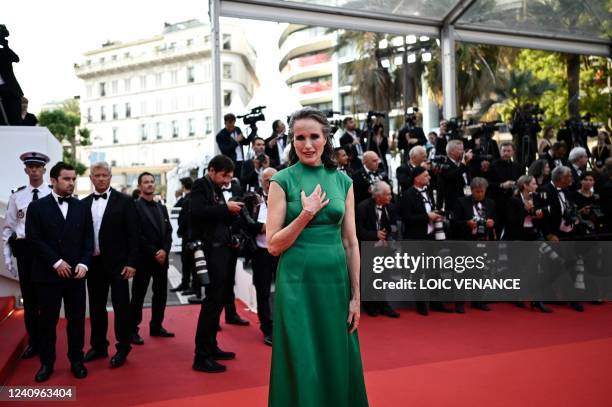 Actress Andie MacDowell arrives for the Closing Ceremony of the 75th edition of the Cannes Film Festival in Cannes, southern France, on May 28, 2022.
