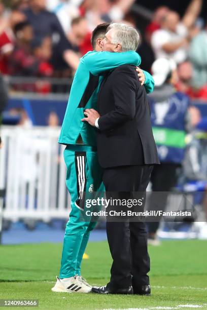 Real Madrid Manager Carlo Ancelotti celebrates with son Davide Ancelotti after Vinicius Junior of Real Madrid scored a goal to make the score 0-1...