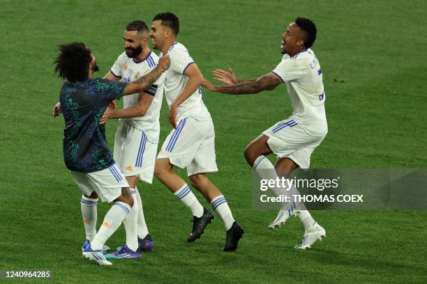 Real Madrid players Real Madrid's Brazilian defender Marcelo, Real Madrid's French forward Karim Benzema Real Madrid's Spanish midfielder Dani...