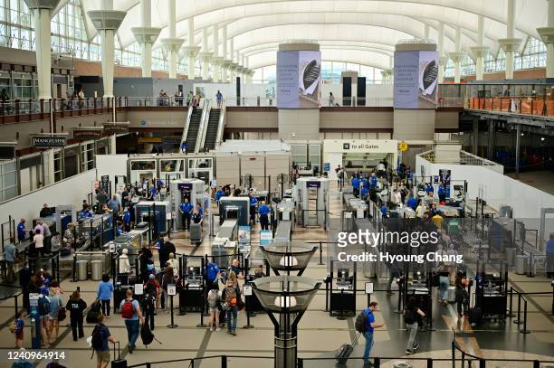 Security check point is photographed at Denver International Airport in Denver, Colorado on Friday, May 27, 2022.