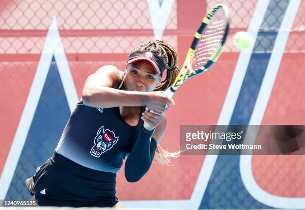 North Carolina States Jaeda Daniel hits a shot during the NCAA Division I Womens Doubles Tennis Championship held at the Khan Outdoor Tennis Complex...