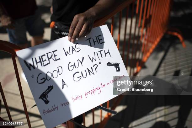 Demonstrators protest during the National Rifle Association annual convention in Houston, Texas, US, on Saturday, May 28, 2022. The National Rifle...