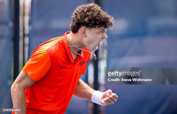 Floridas Ben Shelton celebrates his set victory during the Division I Mens Singles Tennis Championship held at the Khan Outdoor Tennis Complex on May...