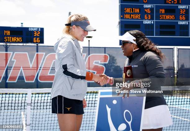 Texas Peyton Stearns celebrates her singles championship at the NCAA Division I Womens Singles Tennis Championship held at the Khan Outdoor Tennis...