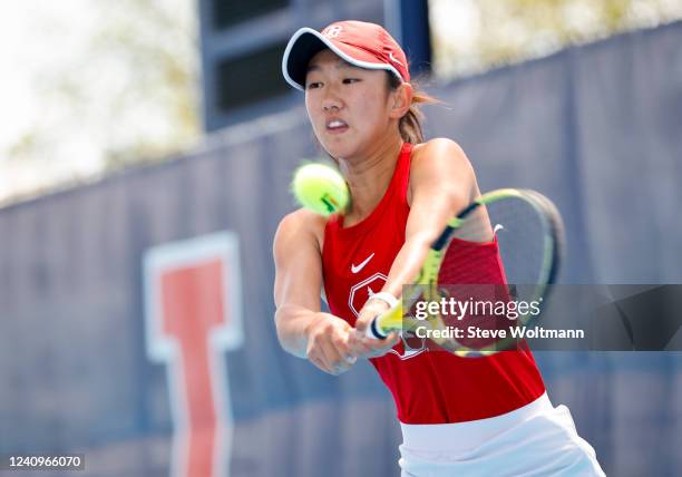 Stanfords Connie Ma returns a forehand during the NCAA Division I Womens Singles Tennis Championship held at the Khan Outdoor Tennis Complex on May...