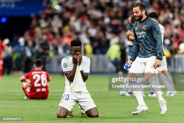 Vinicius Junior and Nacho Fenandez of Real Madrid CF celebrating after winning UEFA Champions League Final during the final match between Liverpool...