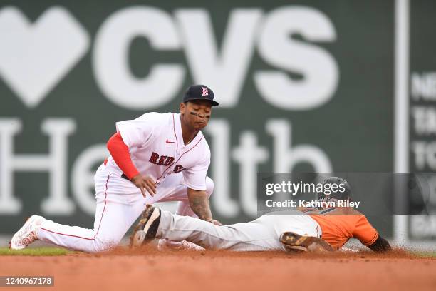 Austin Hays of the Baltimore Orioles avoids the tag of Rafael Devers of Boston Red Sox in the third inning and safely steal second base at Fenway...