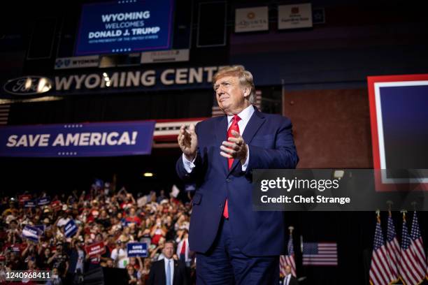 Former President Donald Trump arrives to speak at a rally on May 28, 2022 in Casper, Wyoming. The rally is being held to support Harriet Hageman,...