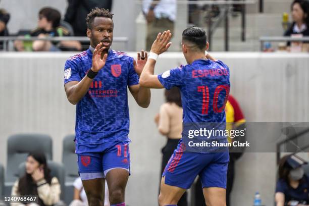 Jeremy Ebobisse of San Jose Earthquakes celebrates his goal with Cristian Espinoza during the match against Los Angeles FC at Banc of California...