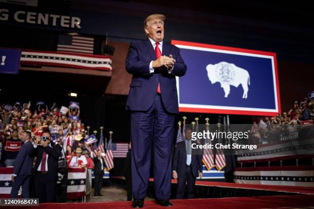 Former President Donald Trump arrives to speak at a rally on May 28, 2022 in Casper, Wyoming. The rally is being held to support Harriet Hageman,...