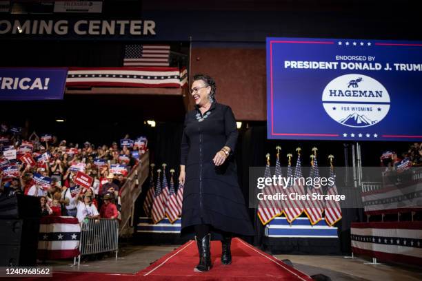 Wyoming candidate for Governor Harriet Hageman walks on stage to introduce former President Donald Trump at a rally on May 28, 2022 in Casper,...