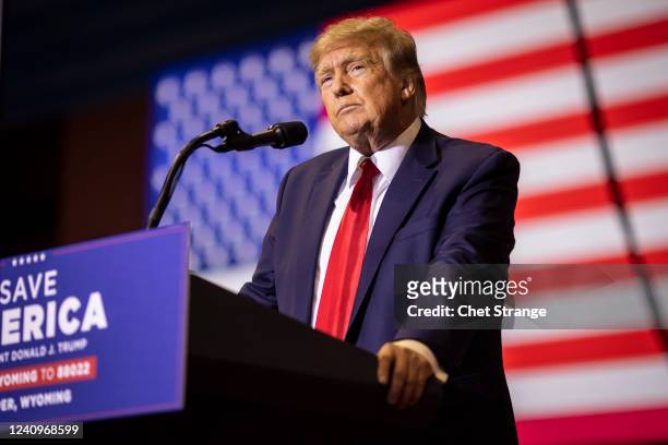 Former President Donald Trump speaks at a rally on May 28, 2022 in Casper, Wyoming. The rally is being held to support Harriet Hageman, Rep. Liz...