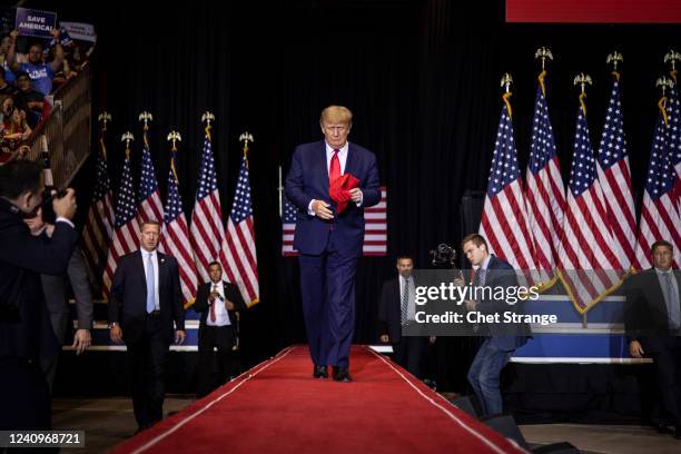 Former President Donald Trump arrives to speak at a rally on May 28, 2022 in Casper, Wyoming. The rally is being held to support Harriet Hageman,...