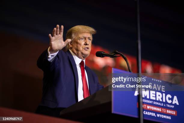 Former President Donald Trump speaks at a rally on May 28, 2022 in Casper, Wyoming. The rally is being held to support Harriet Hageman, Rep. Liz...