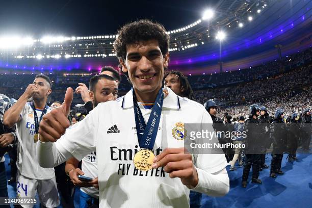 Jesus Vallejo of Real Madrid celebrates victory after the UEFA Champions League final match between Liverpool FC and Real Madrid at Stade de France...