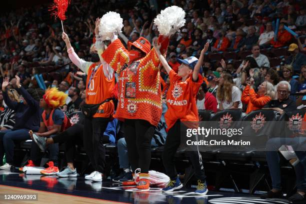 Fans of the Connecticut Sun react to a play during the game against the Washington Mystics on May 28, 2022 at the Mohegan Sun Arena in Uncasville,...