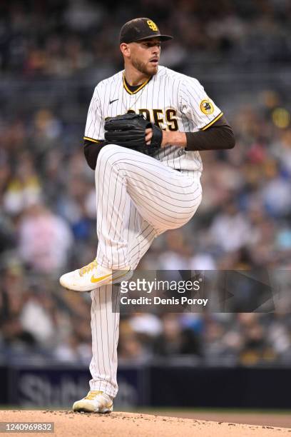 Joe Musgrove of the San Diego Padres pitches during the first inning of a baseball game against the Pittsburgh Pirates at Petco Park on May 28, 2022...