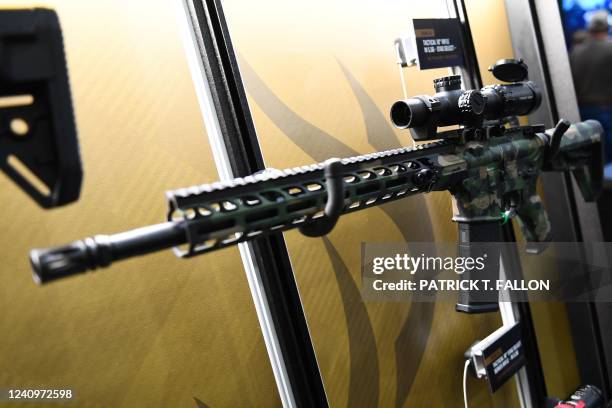 Stag Arms AR-15 style semi-automatic rifles are displayed during the National Rifle Association Annual Meeting at the George R. Brown Convention...